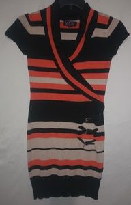 NYC S Sweater Dress Coral Tan Black Buckles Bodycon Dress